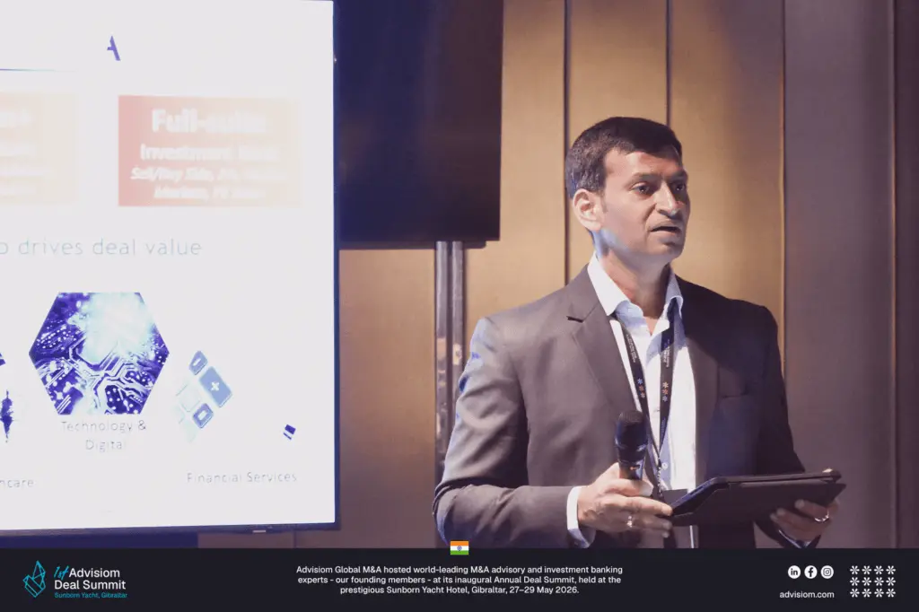 Samir Agarwal representing Indcap Advisors at the First Advisiom Deal Summit in Gibraltar, 2026